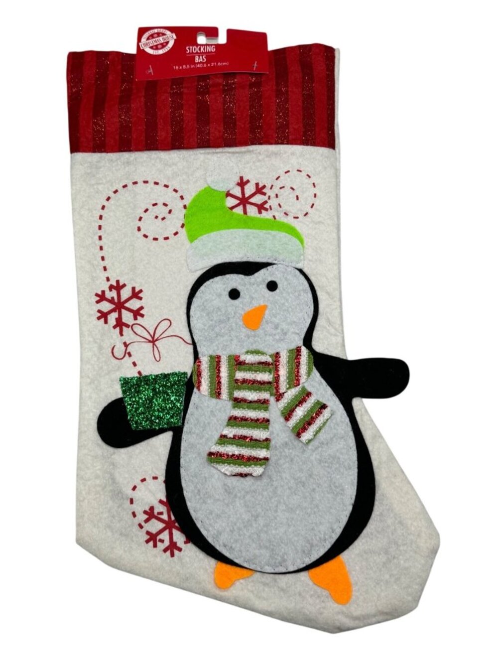 Christmas House Felt Penguin Christmas Stocking Red & White Glitter Accents READ